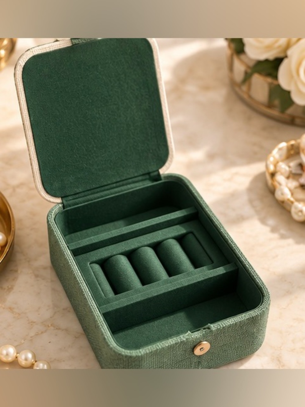 Floral Embroidered Jewelry Box Green Travel Organizer Ring Earring Storage Case